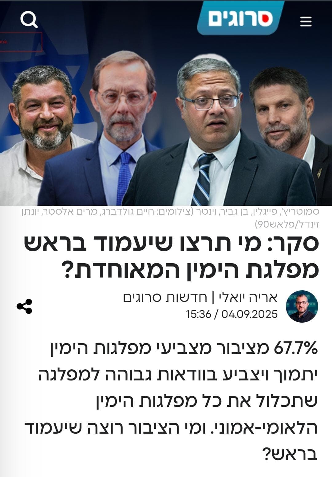 צילום מסך של כתבה באתר סרוגים בכותרת סקר: מי תרצו שיעמוד בראש מפלגת הימין המאוחדת, מאת אריה יואלי מ-4 בספטמבר 2025, ובה תמונות של סמוטריץ׳, פייגלין, בן גביר ווינטר. קישור לכתבה המלאה באתר סרוגים.